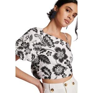 Anthropologie Maeve One Shoulder Blouse Women 8 Black Floral Eyelet Cropped Boho